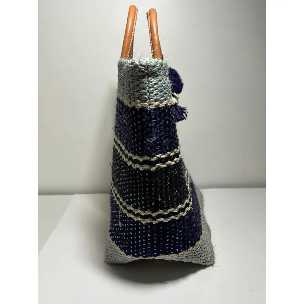 Hatattack Blue Striped Woven Straw Beach Leather Handle Tote Bag Purse Shopper